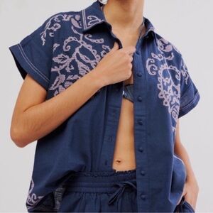 Free People Blue Button Down Shirt with Pink Embroidery